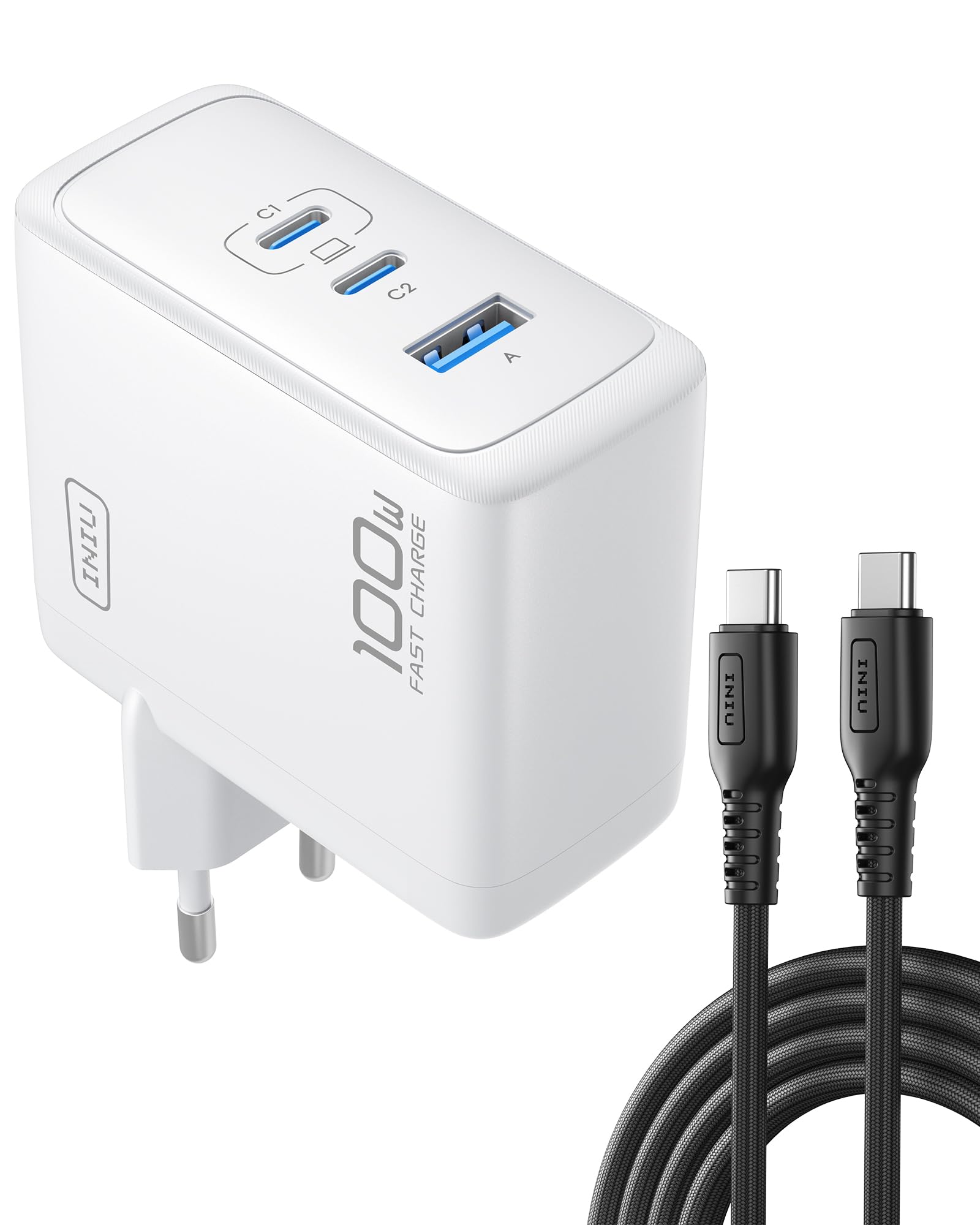 Iniu Caricatore USB C 100W GaN 3 Porte con Cavo
