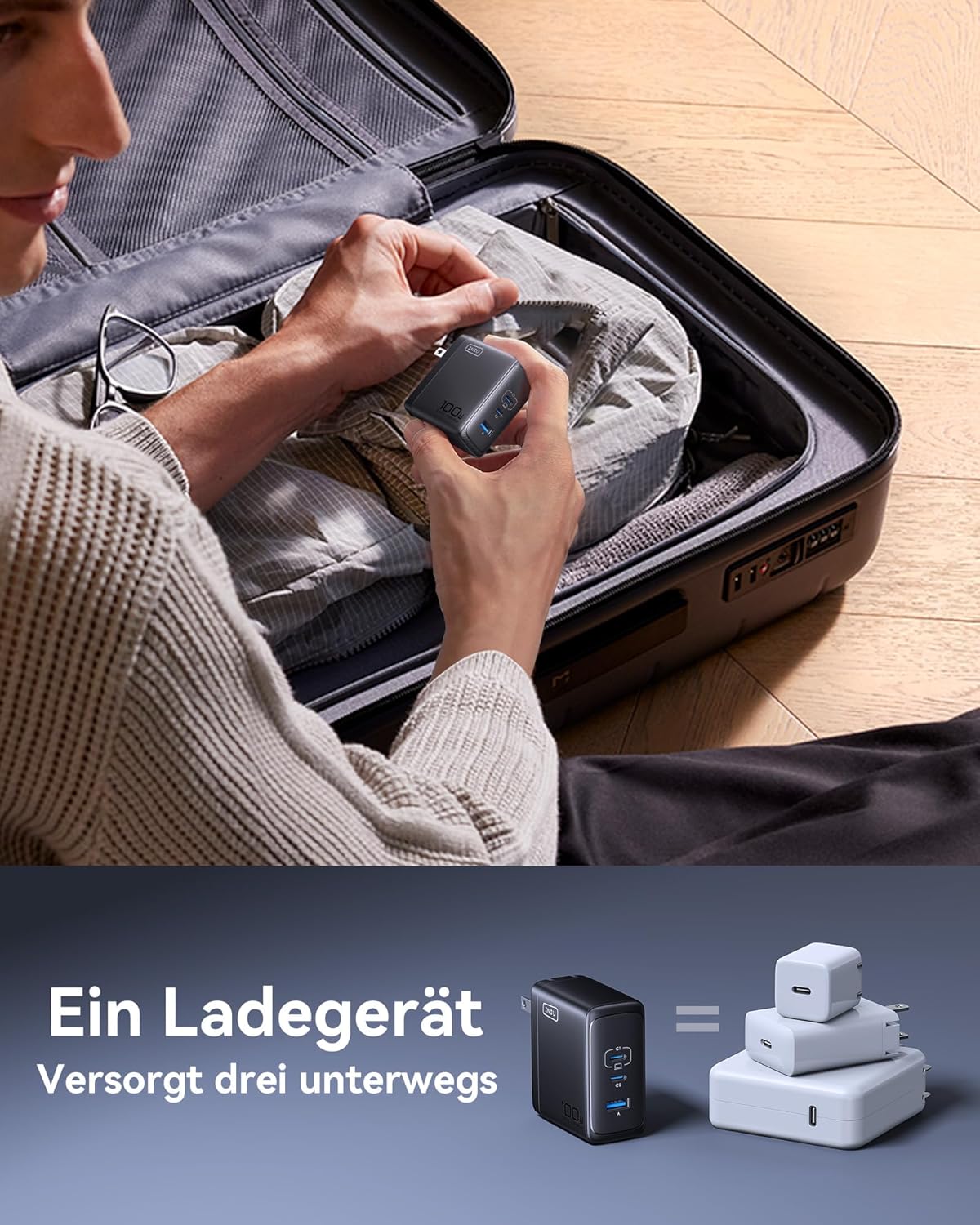 Iniu Caricatore USB C 100W GaN 3 Porte con Cavo - immagine 5