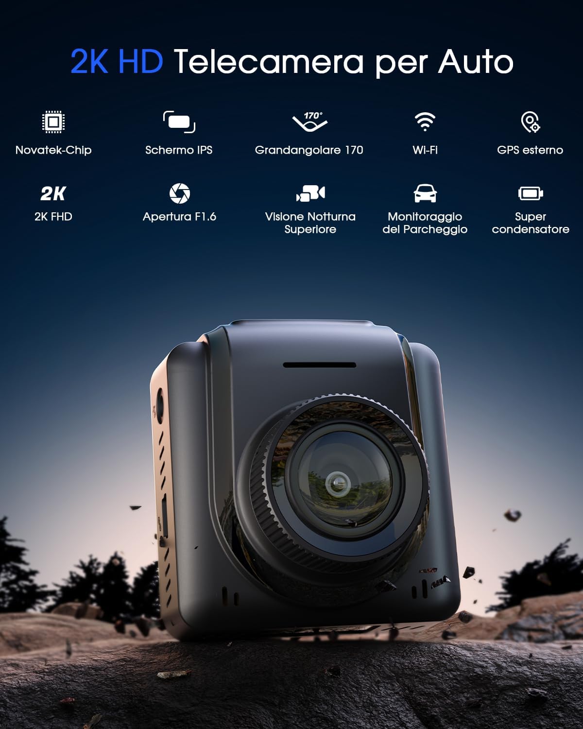 2K Dash Cam Auto Wi-Fi con APP e Grandangolo 170° - immagine 2