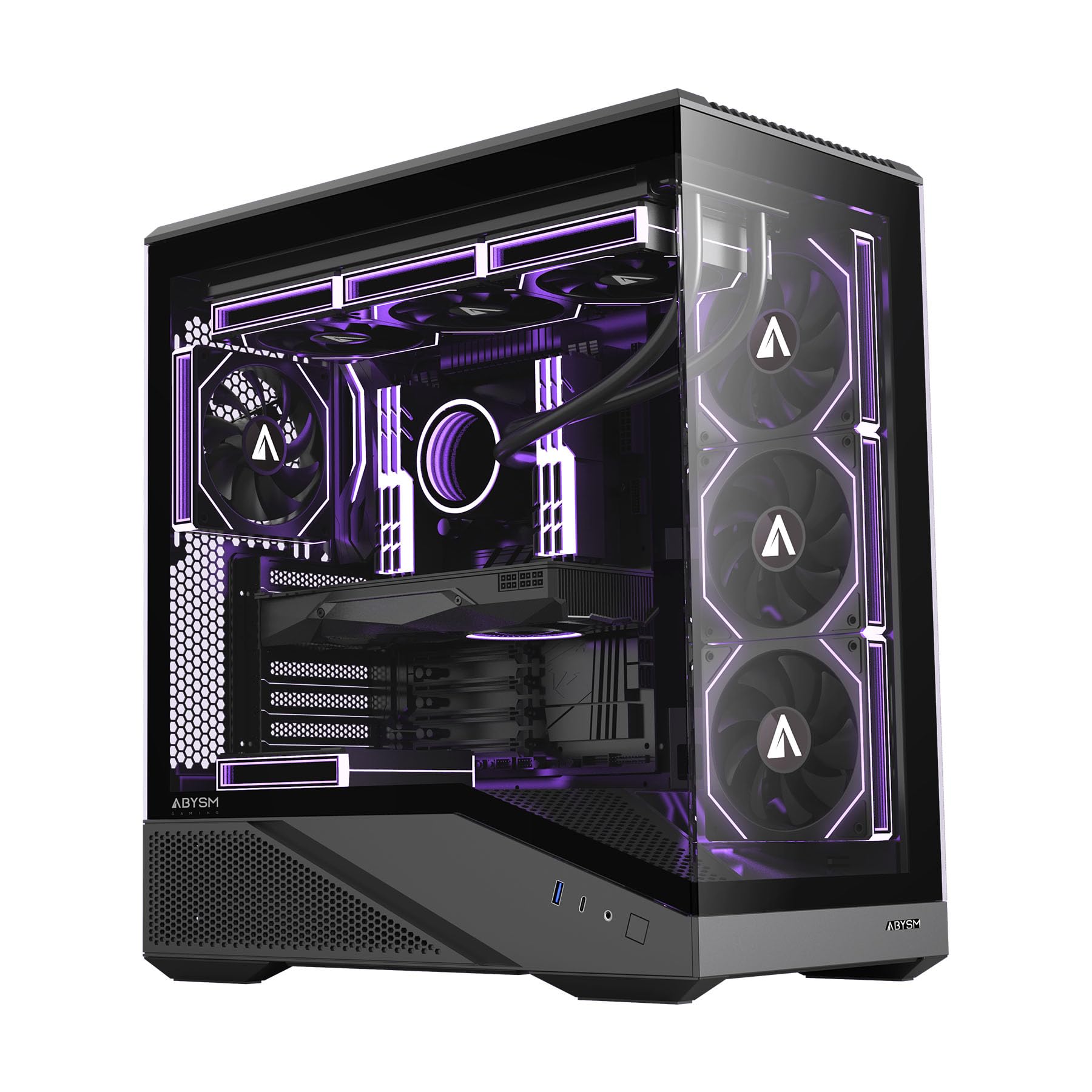 Abysm Gaming Arian Frame A400 – Torre ATX Gaming con telaio inclinato, 4 ventole ARGB PWM, vetro temperato, supporto GPU 420 mm, USB Type-C, raffreddamento liquido 360 mm – scatola PC Gamer nera