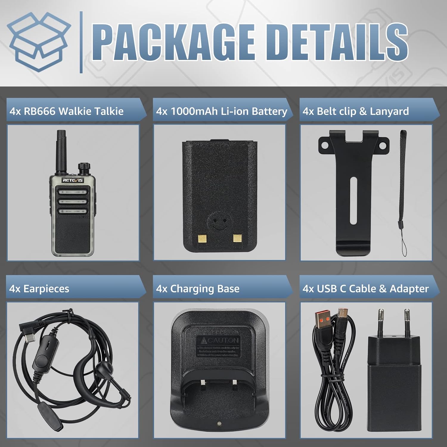 Retevis RB666 Walkie-Talkie PMR446 (4 Pezzi, Nero) - immagine 7