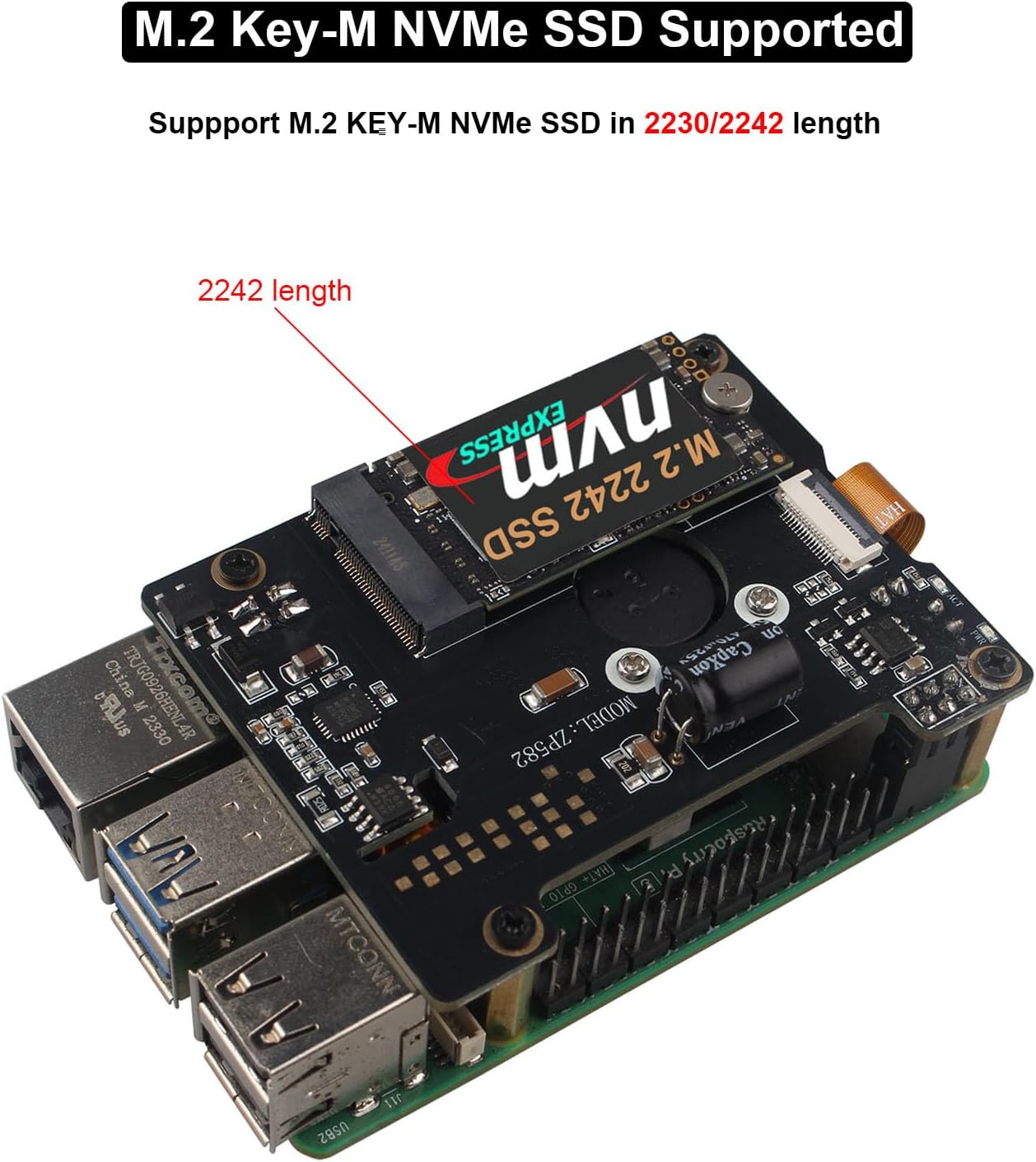 ZDE ZP582 PoE HAT PCIe to M.2 Key-M NVMe SSD Adapter Board with Onboard ...