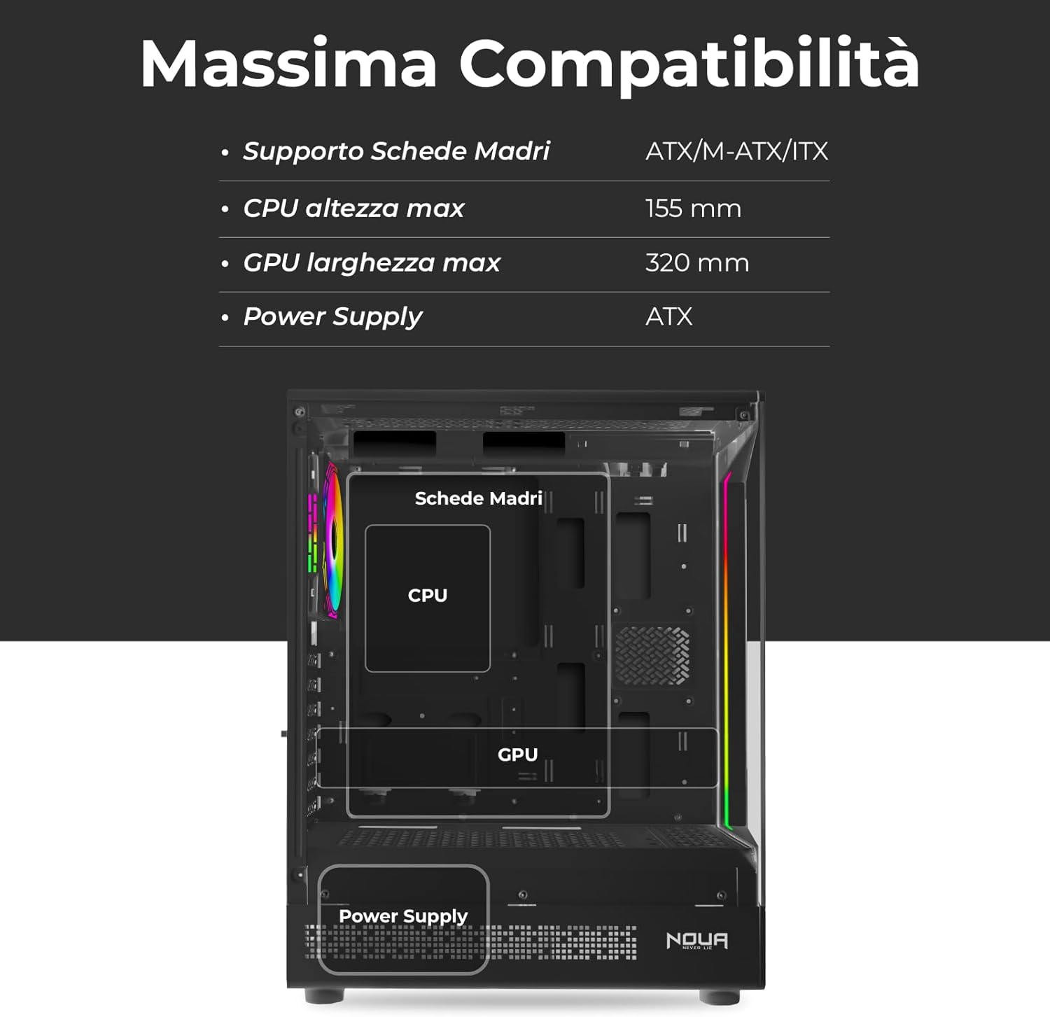 Noua Demon TK100 - Case Gaming ATX Compatto, Nero - immagine 2