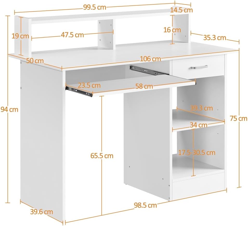 Yaheetech Scrivania per Computer con Cassetto e Libreria, Bianco - immagine 3