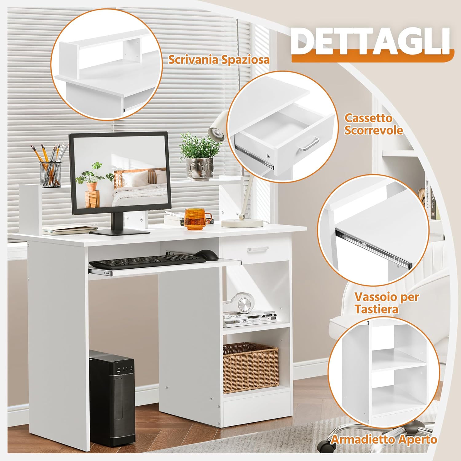 Yaheetech Scrivania per Computer con Cassetto e Libreria, Bianco - immagine 4