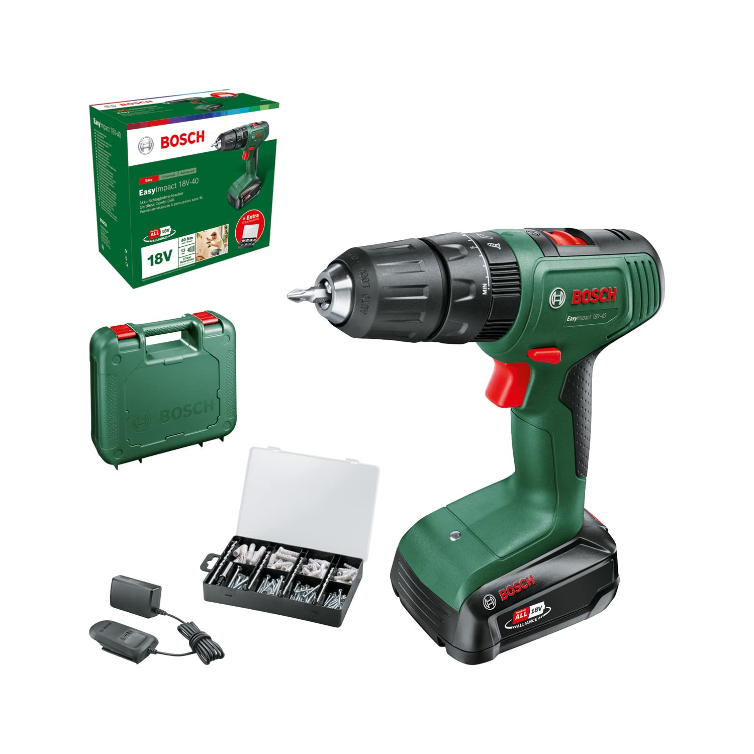 Bosch Home and Garden Trapano con percussione a batteria EasyImpact 18V-40 (1 batteria da 2,0 Ah, sistema 18 volt, set di fissaggio da 173 pz, in custodia), Mandrino 13mm -  Exclusive