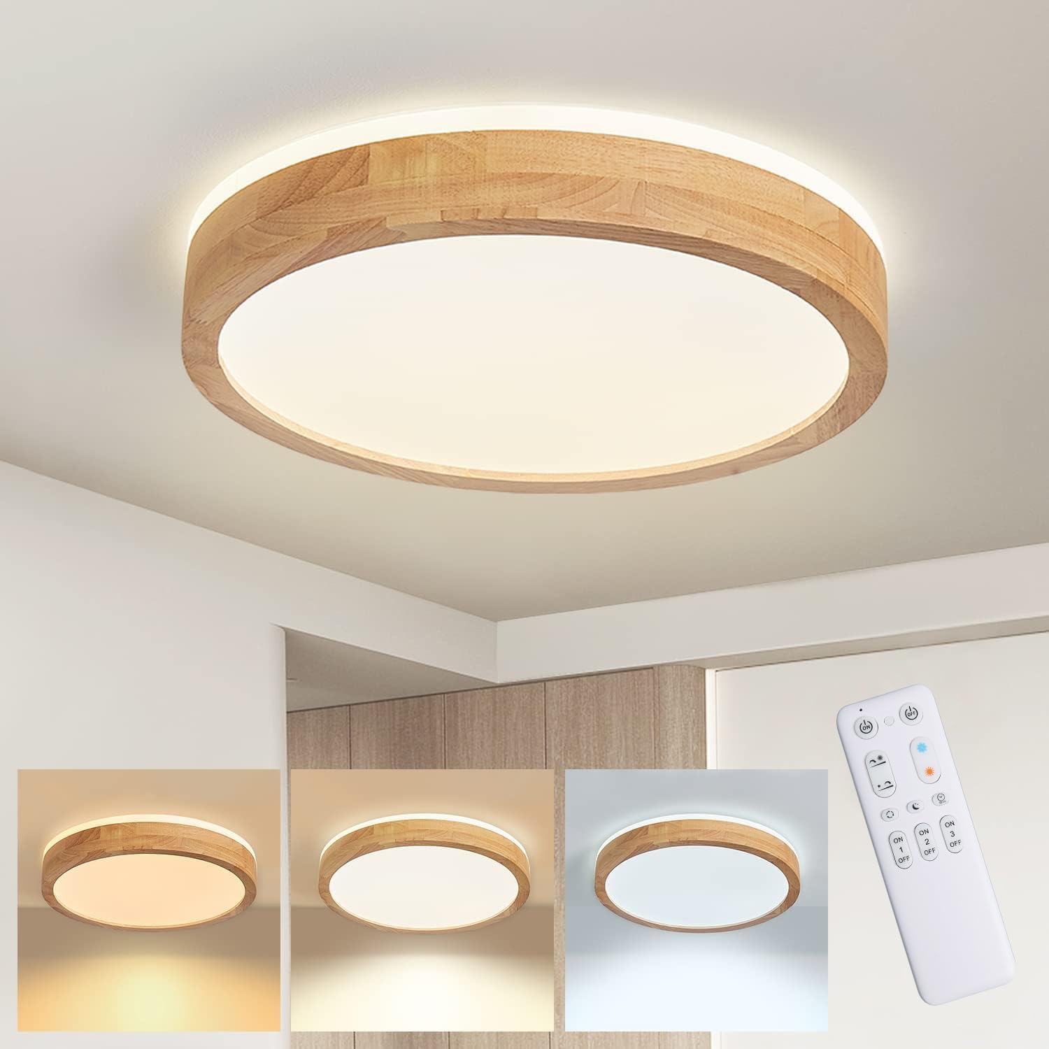 Baerolc Plafoniera LED Legno 40CM Dimmerabile 32W