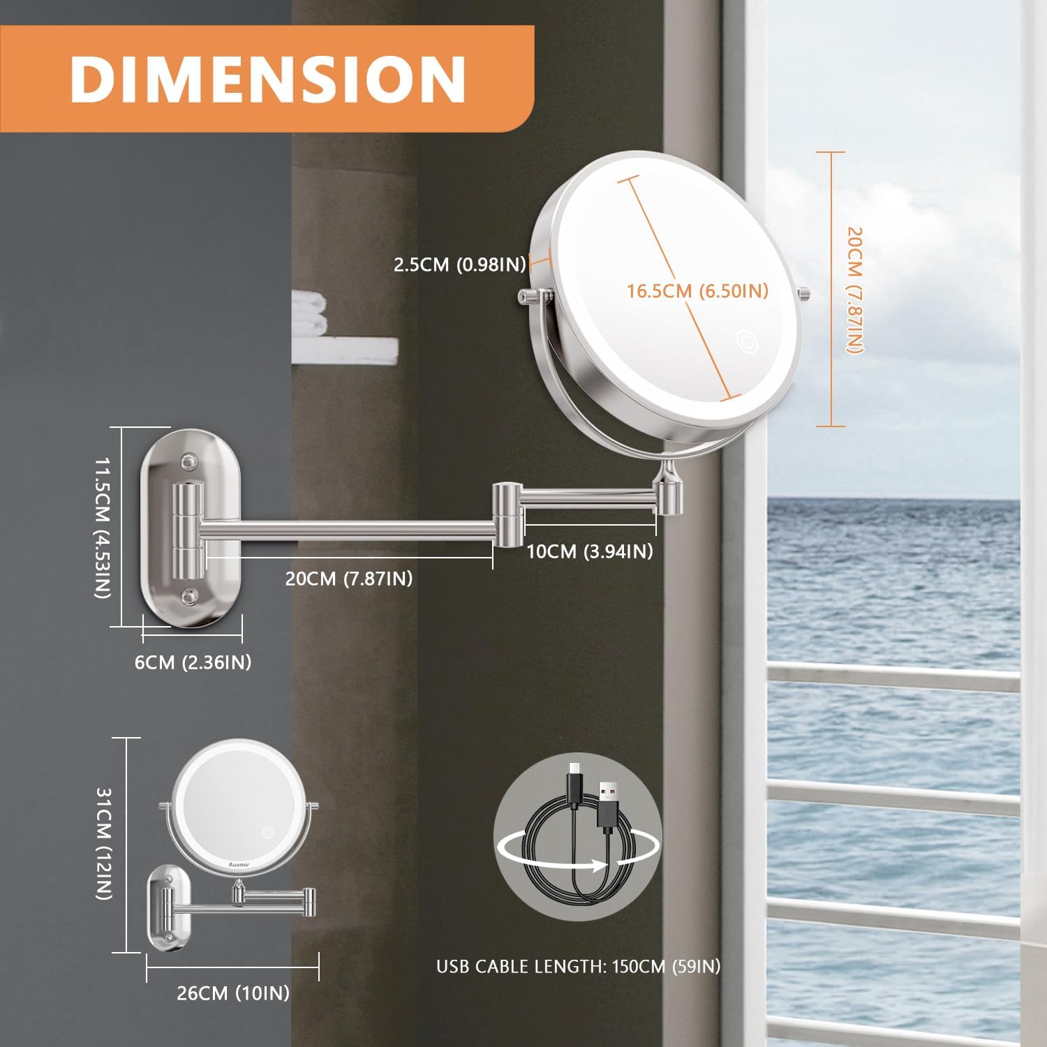Auxmir Specchio Trucco 20X/1X con 54 LED, Ricaricabile - immagine 8