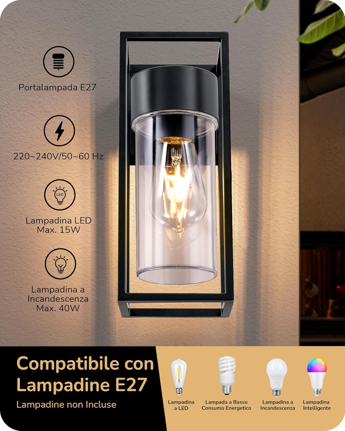 Edishine Lampada da Parete Interni ed Esterni, Nera - immagine 2