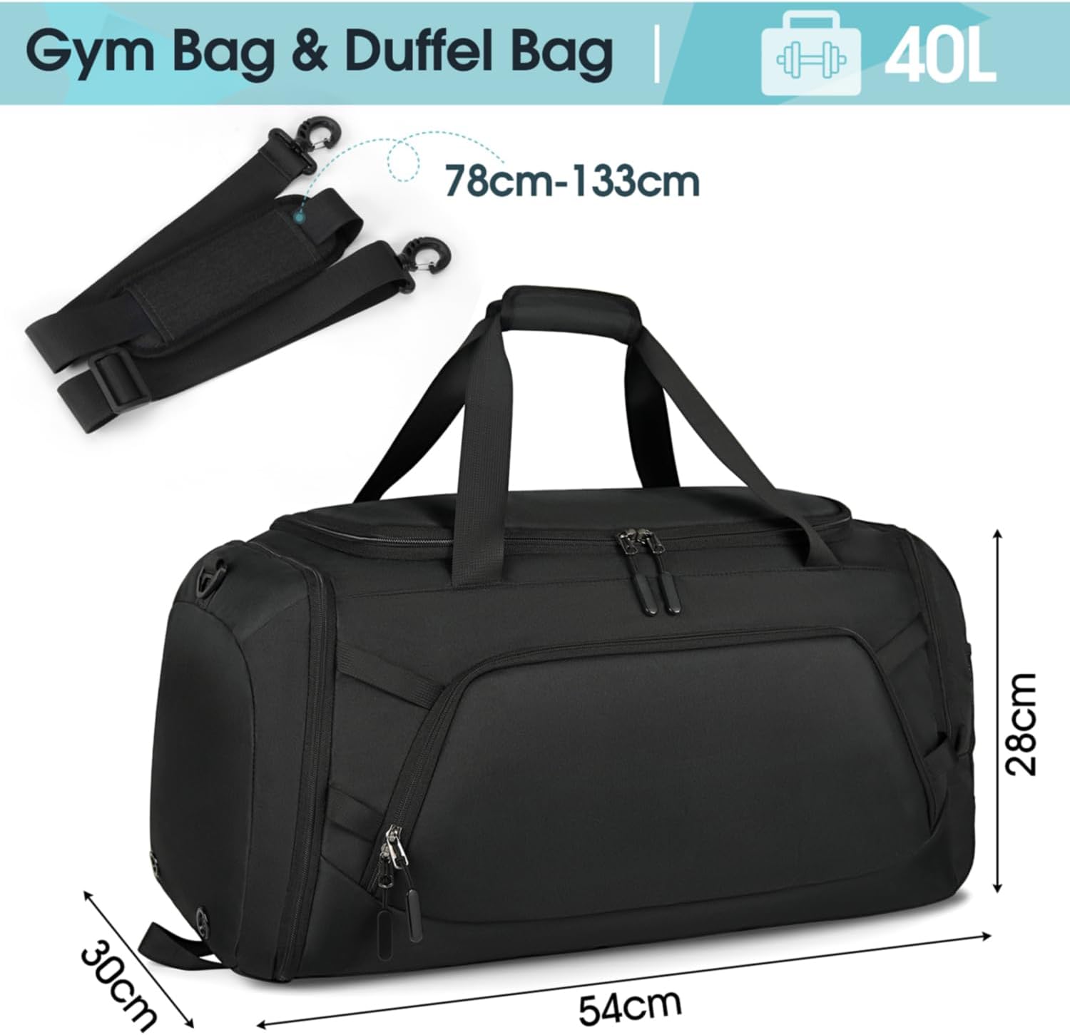 RAINSMORE Borsone Palestra 40L con Scomparto Scarpe, Nero - immagine 2