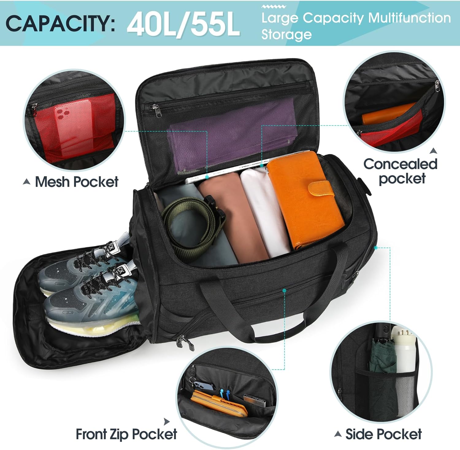 RAINSMORE Borsone Palestra 40L con Scomparto Scarpe, Nero - immagine 3