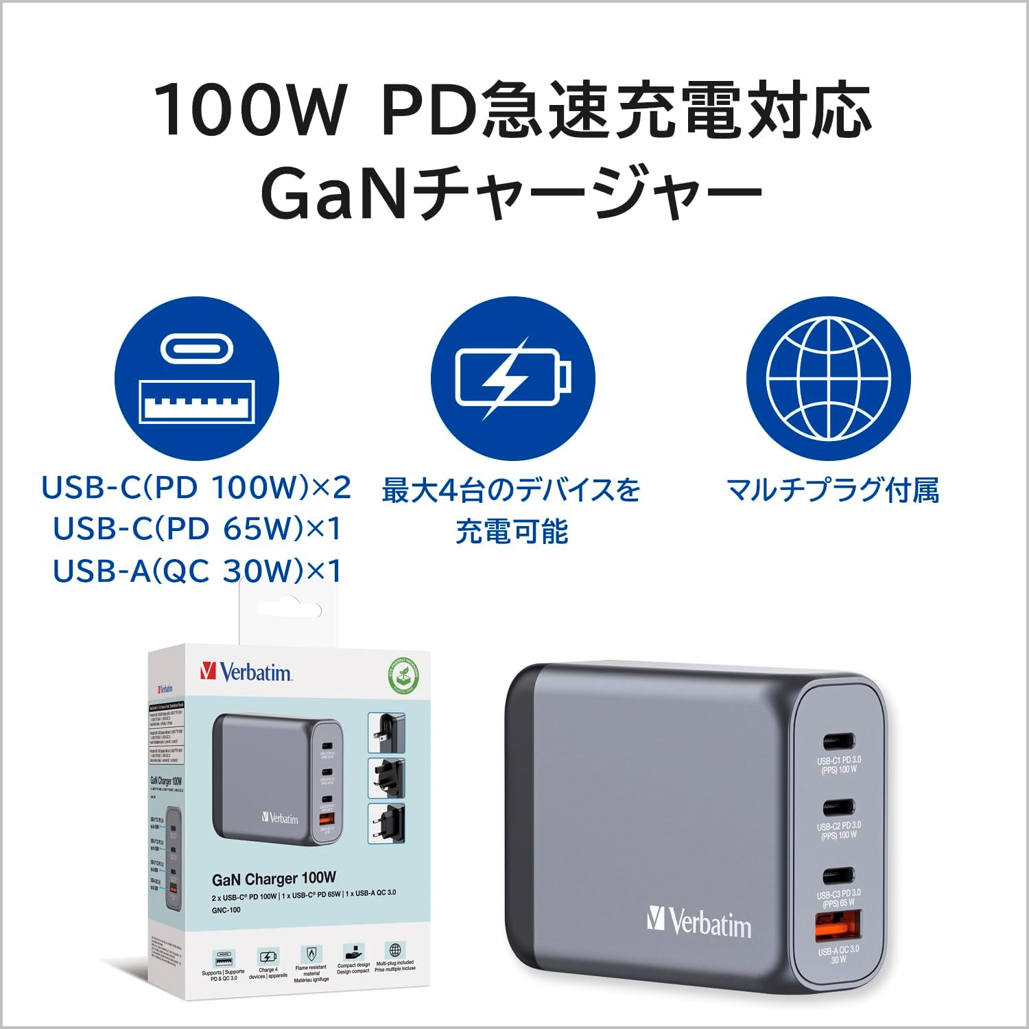 GNC-100 GaN Charger 100W - 2xUSB-C PD, 1xUSB-A QC - immagine 3