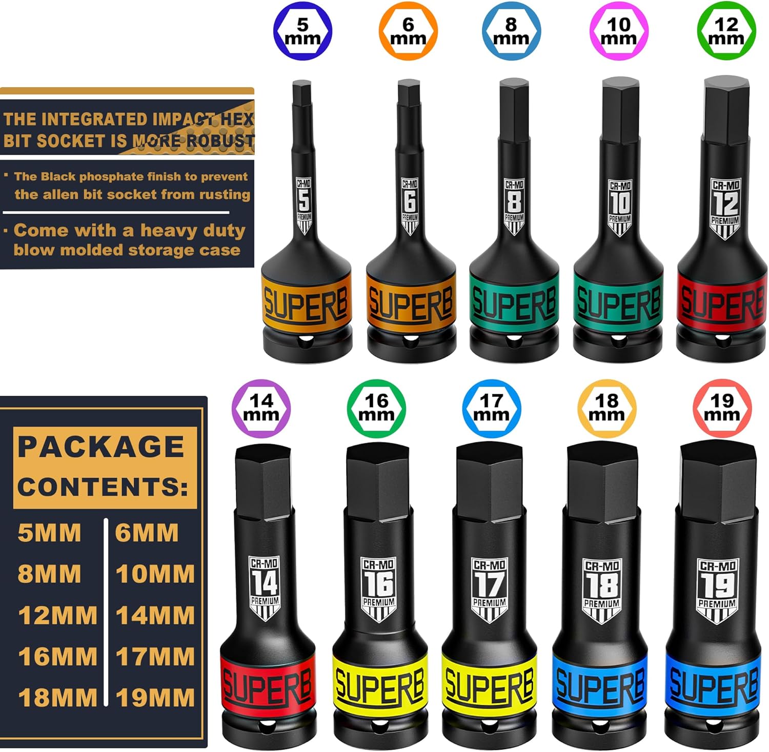 Set Bussole Esagonali Impulsi 1/2" 5-19mm, 10 pz - immagine 2