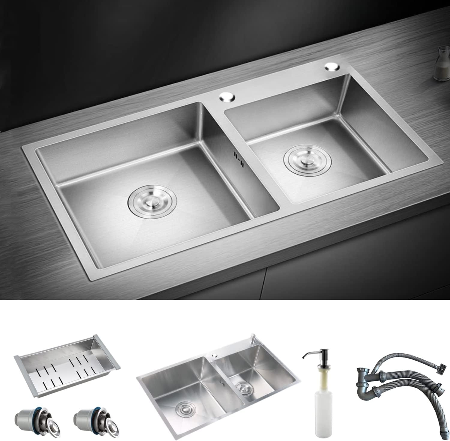 Hatur Lavello Cucina Acciaio Inox Doppio 78x43x20cm, Argento