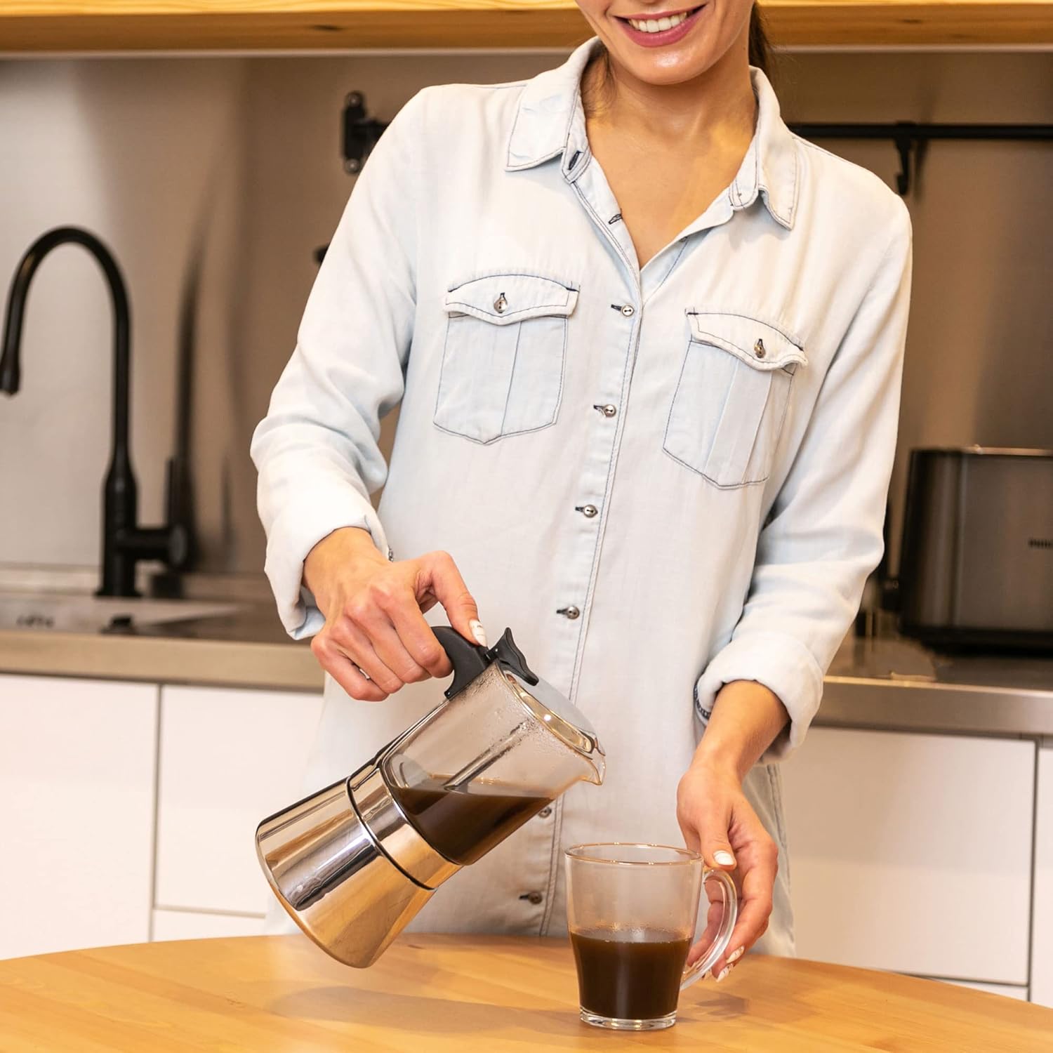 Caffettiera Moka Italiana 360ml in Vetro e Acciaio Inox - immagine 6