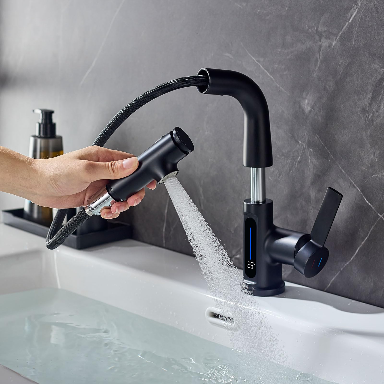 Lakebaymzc Rubinetto Lavabo con Indicatore LED, Nero Opaco