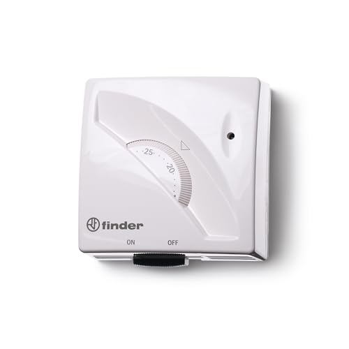 Finder Termostato da Parete Tipo 1T.01.2. 1 scambio. Regolazione temperatura da +7 a +30 °C. Con interruttore ON/OFF e spia di segnalazione di funzionamento dell'impianto. Colore Bianco