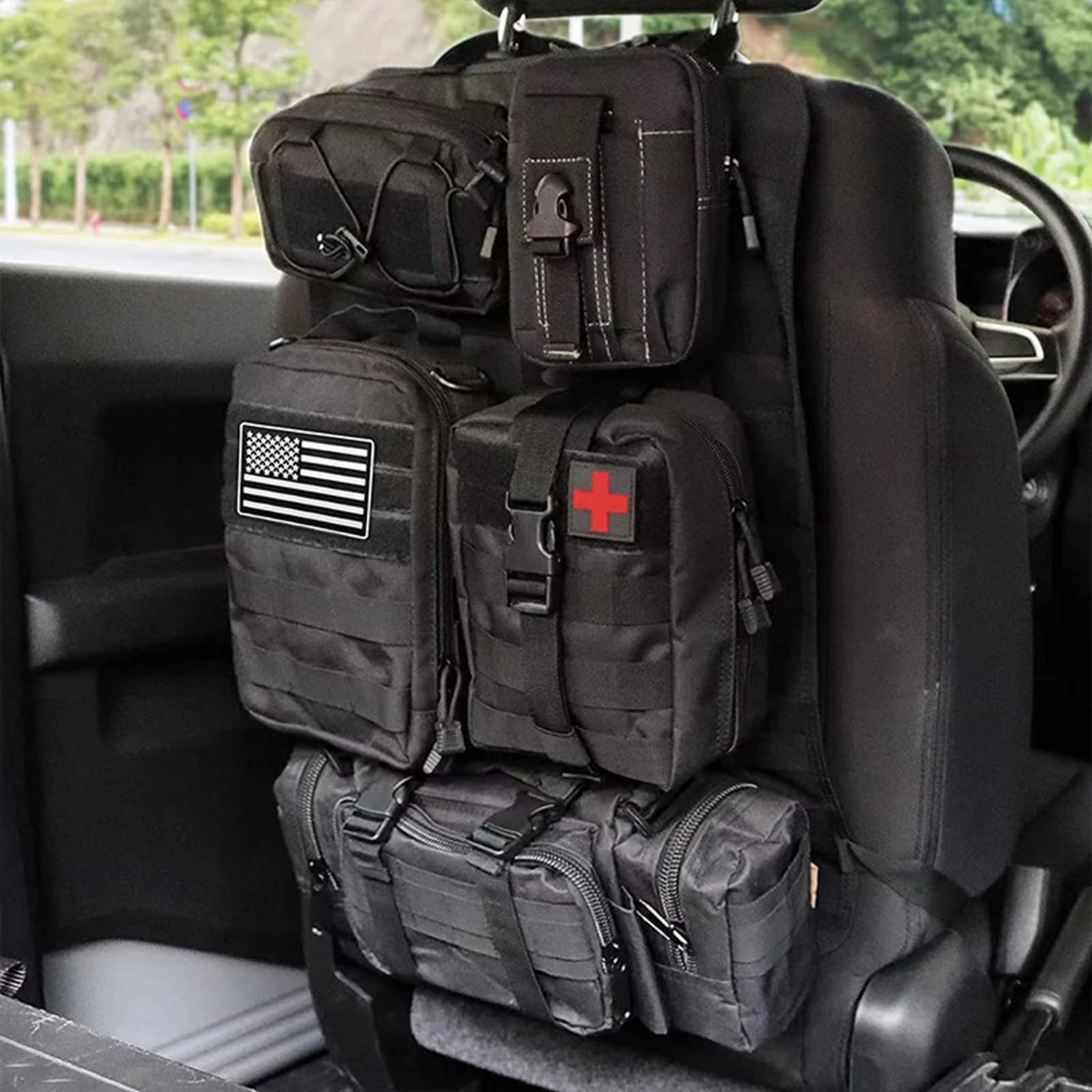 SH-RuiDu Organizer tattico per sedile posteriore auto, universale, con pannello Molle, da appendere, con 5 diverse tasche Molle staccabili, per tutte le auto, camion, SUV, veicoli (nero)