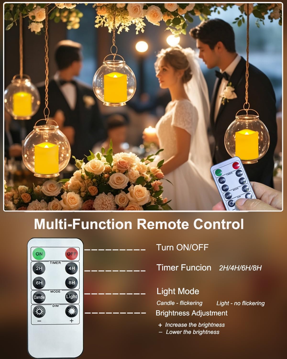 12 candele ricaricabili con telecomando e timer, candele elettriche a LED per matrimoni, feste, Halloween, Natale, decorazione per la casa - immagine 3