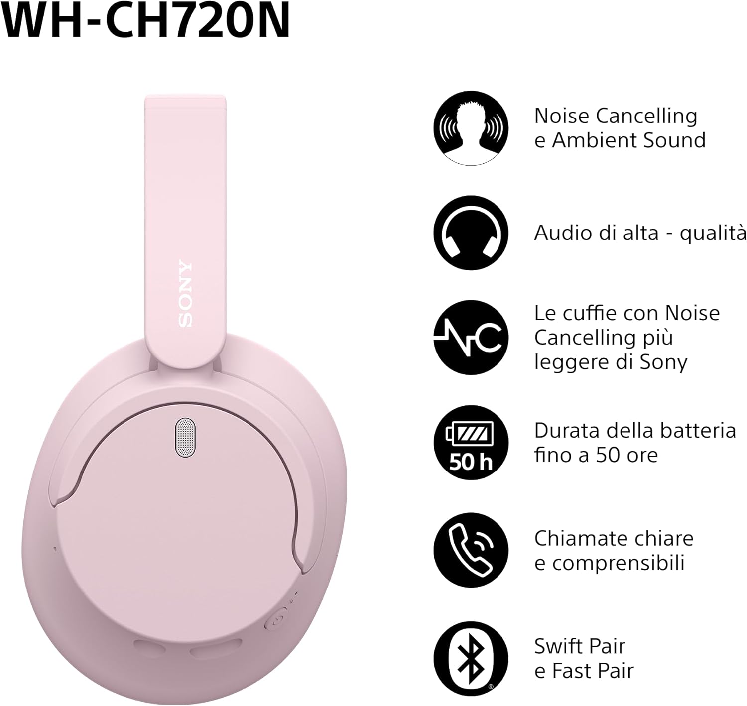 Sony WH-CH720N Cuffie Wireless ANC, Pink - immagine 2