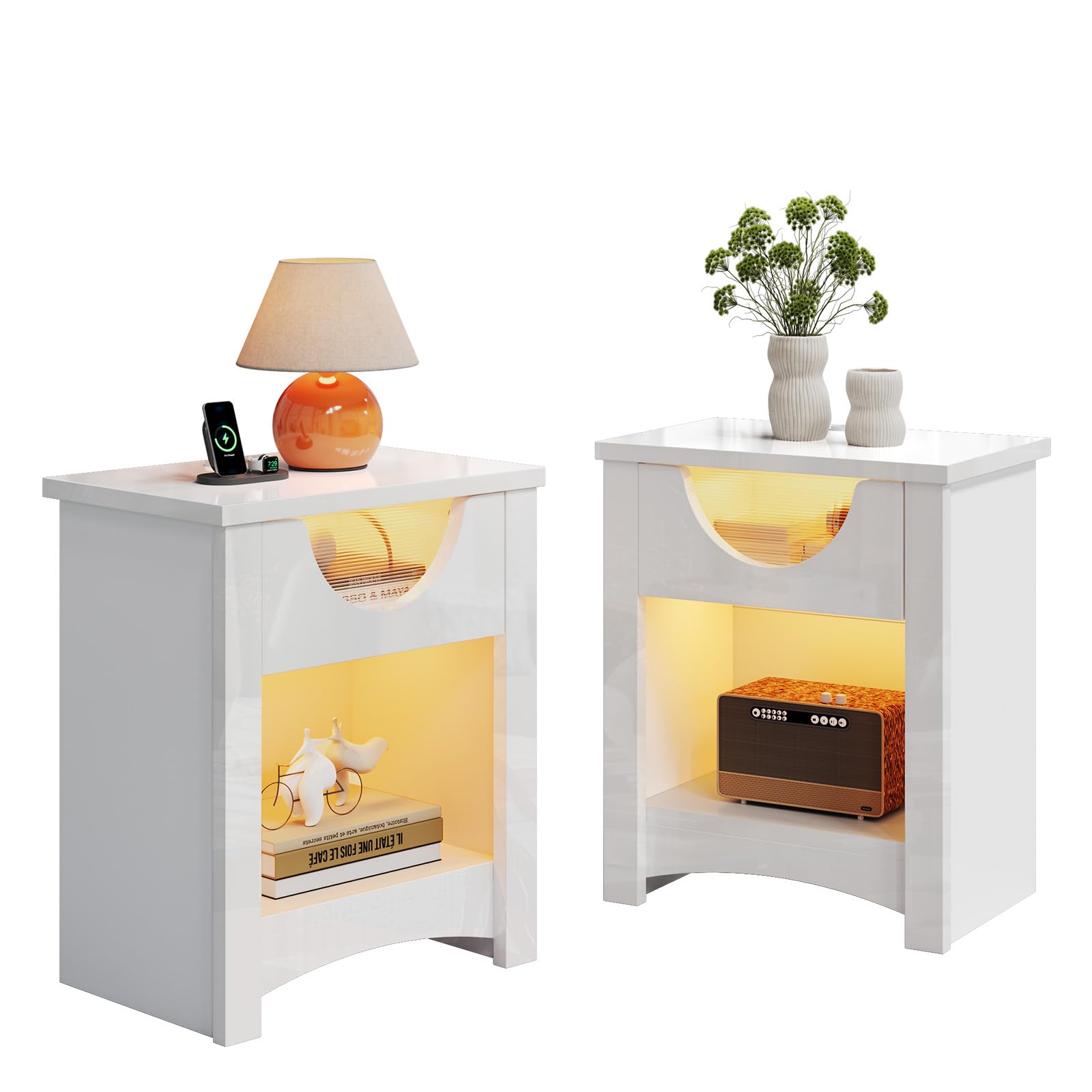 Bestier Comodino con Illuminazione LED e Cassetti, Bianco Nuvola