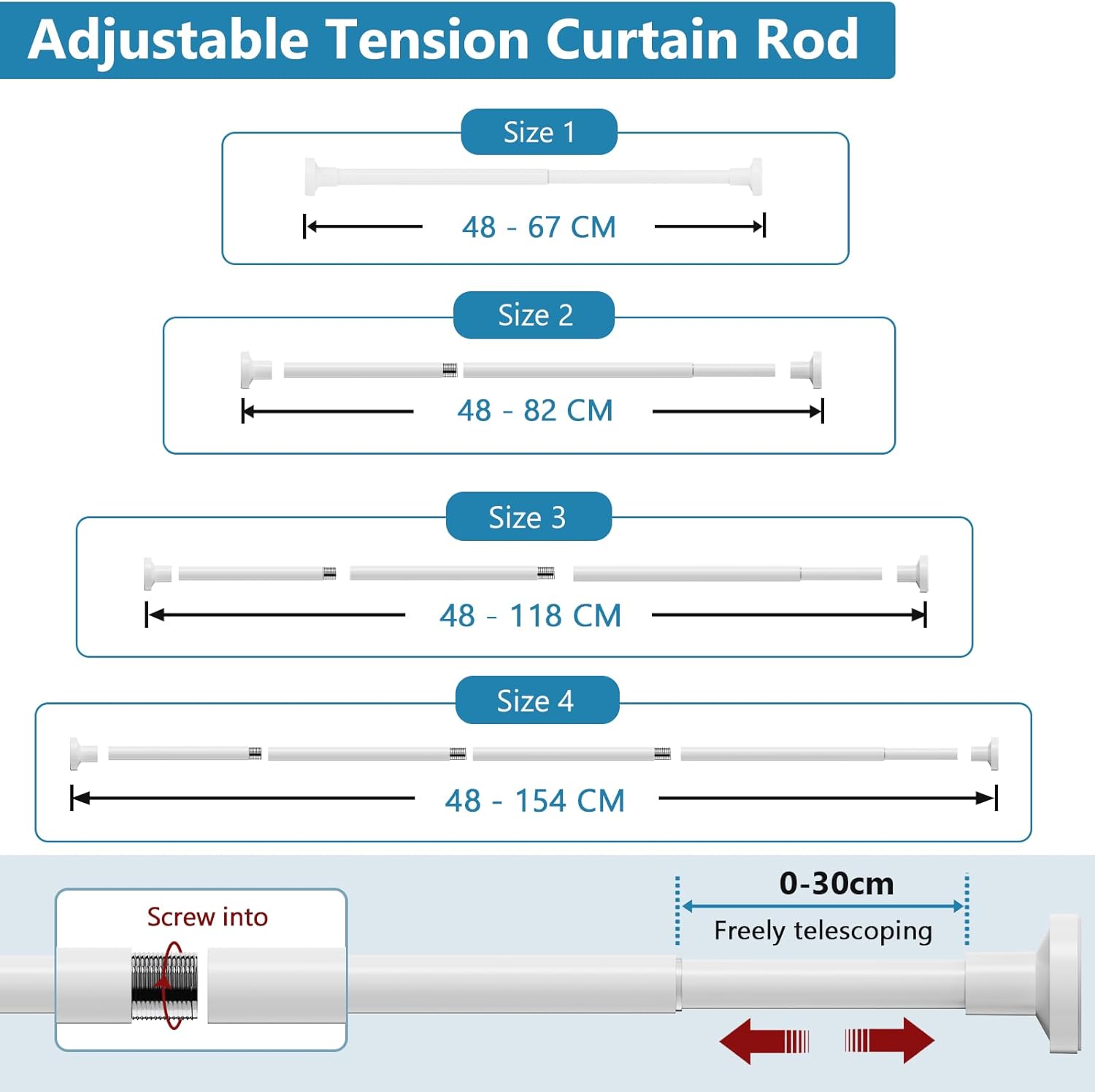 Asta Tenda Estensibile a Pressione 46-155 cm, Bianco - immagine 4
