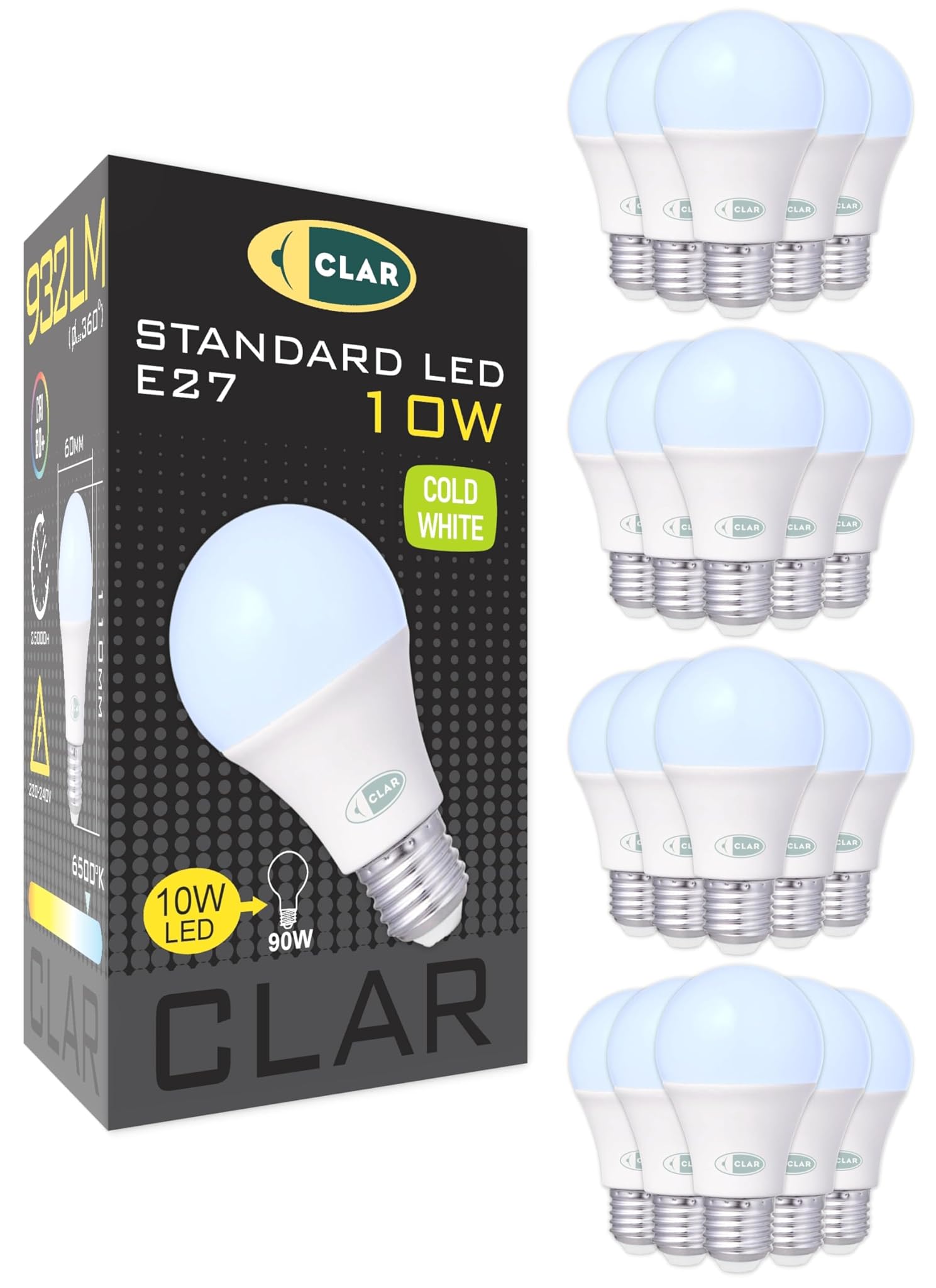 CLAR - Lampadina LED E27 10W Luce Fredda, E27 LED, Lampade a Risparmio Energetico (Pack 20)