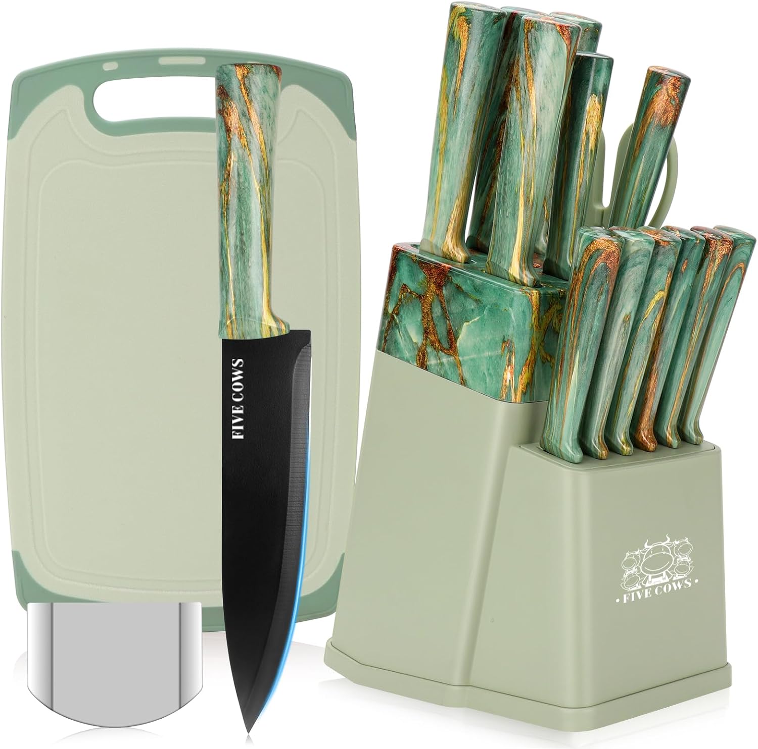 Set Coltelli da Cucina 16 pz in Acciaio Inossidabile, Verde - immagine 1