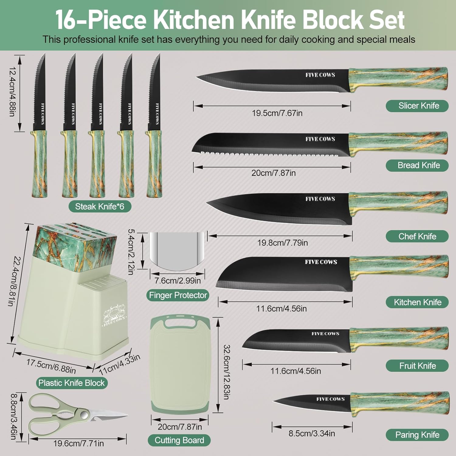 Set Coltelli da Cucina 16 pz in Acciaio Inossidabile, Verde - immagine 2