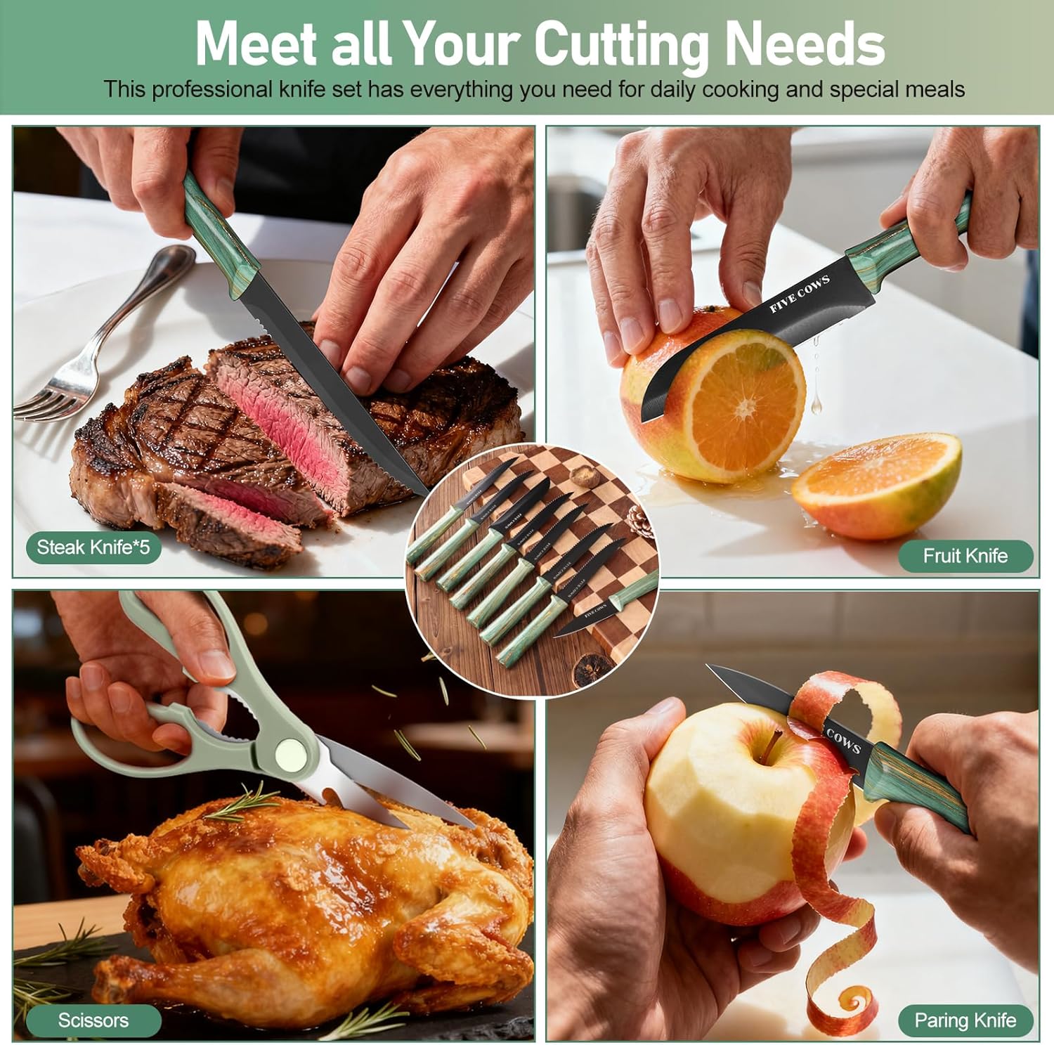 Set Coltelli da Cucina 16 pz in Acciaio Inossidabile, Verde - immagine 7