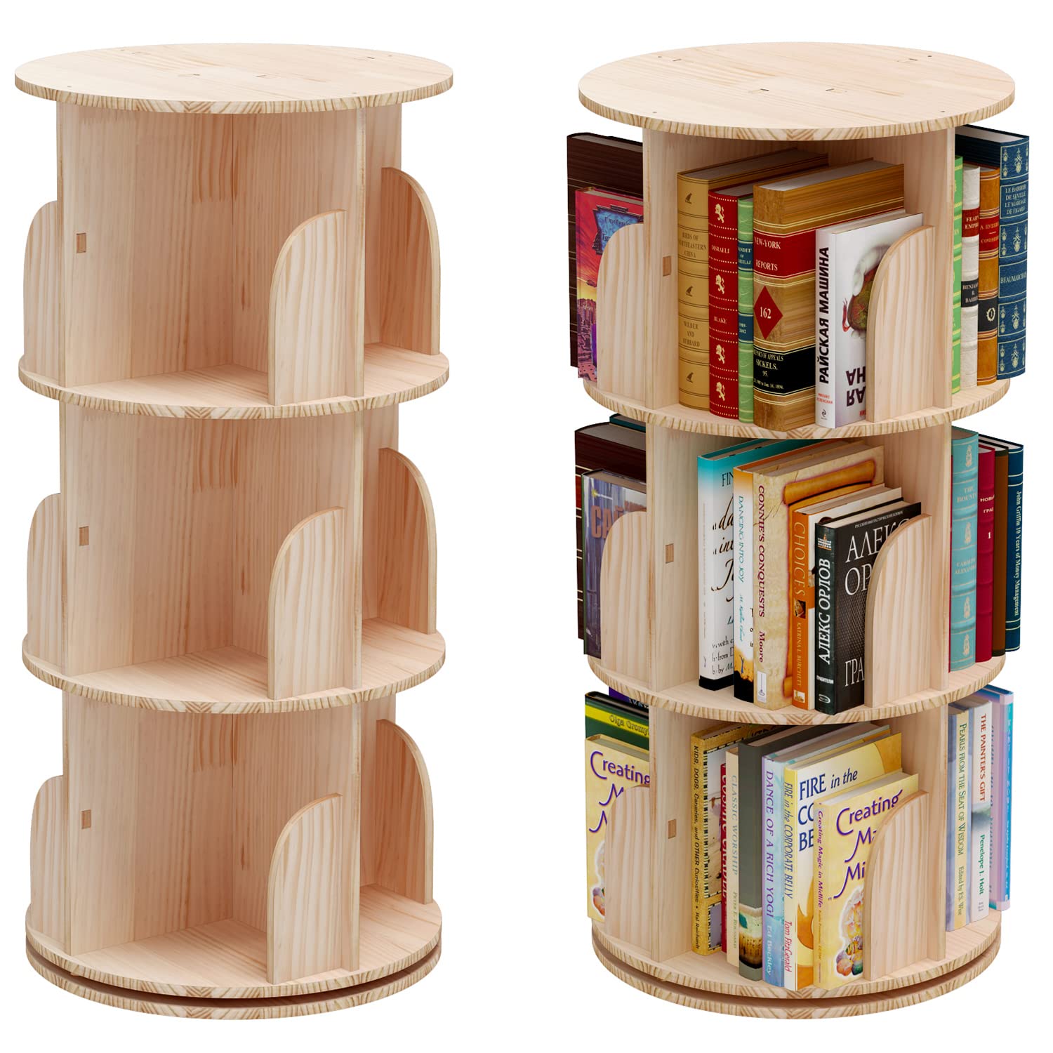 Ptuwods Libreria Girevole 360° in Legno Massiccio