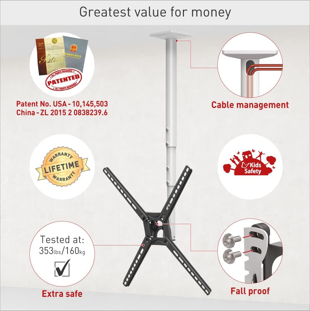 Barkan Supporto Soffitto TV 97cm, Bianco - immagine 3