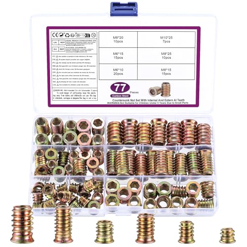 77 Pz Inserti Filettati per Legno, M6 M8 M10 Rivetti Filettati, Bussole Boccole Filettate per Legno, Dado Hardware, Viti a Esagono Incassato per Mobili Pannelli