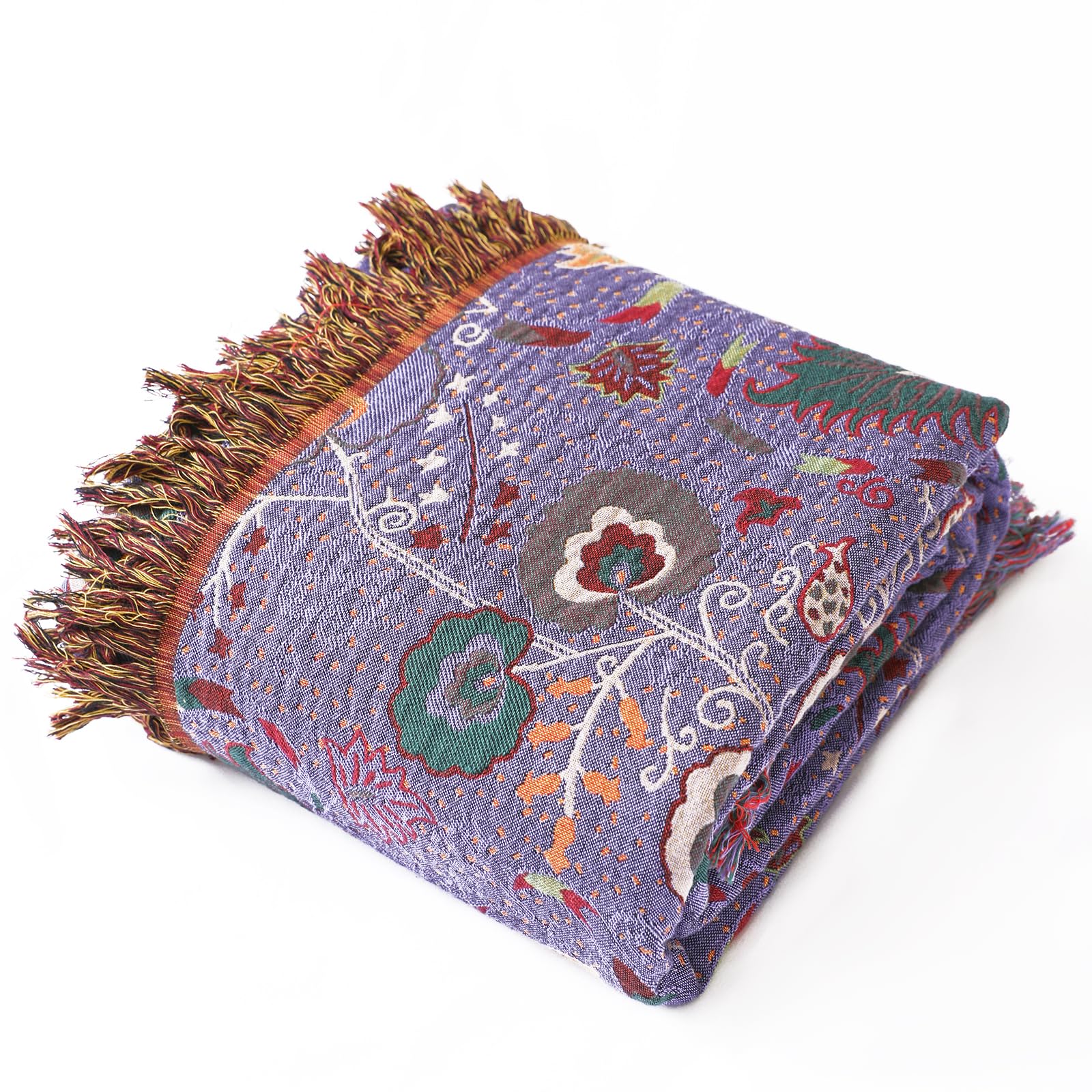 Plaid Coperta Floreale Boho in Cotone con Frange, Viola
