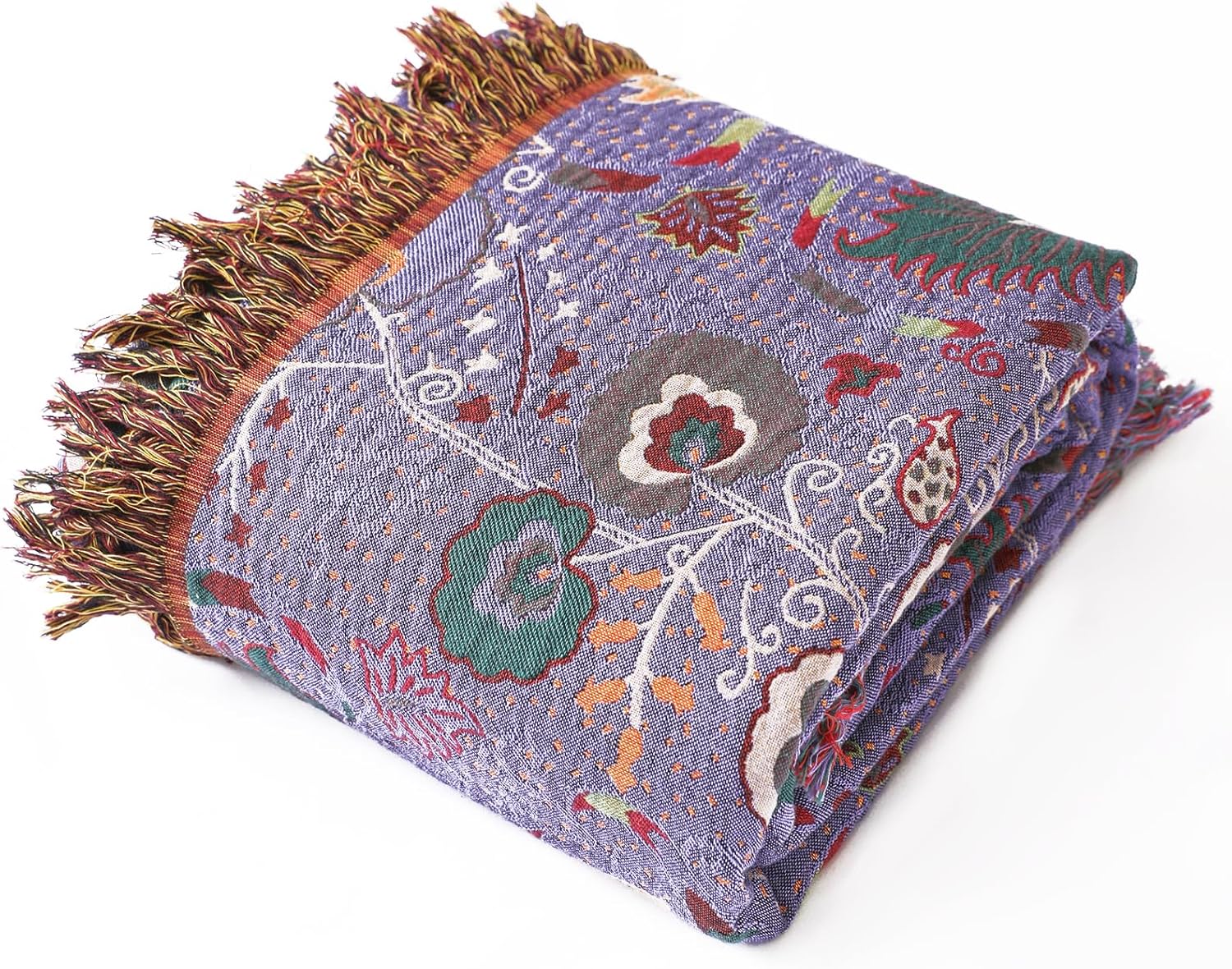 Plaid Coperta Floreale Boho in Cotone con Frange, Viola - immagine 1