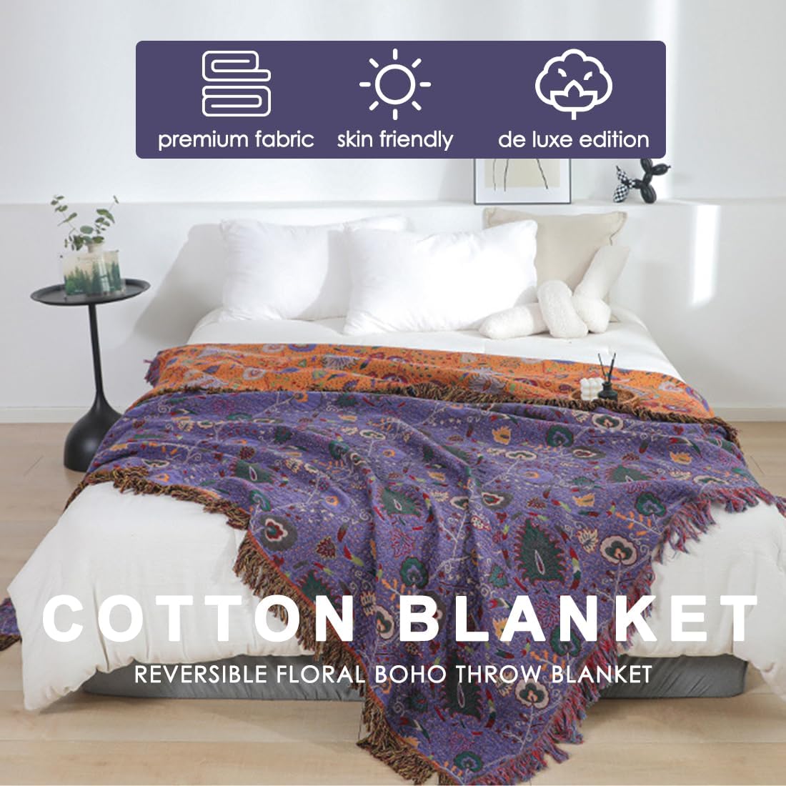 Plaid Coperta Floreale Boho in Cotone con Frange, Viola - immagine 2