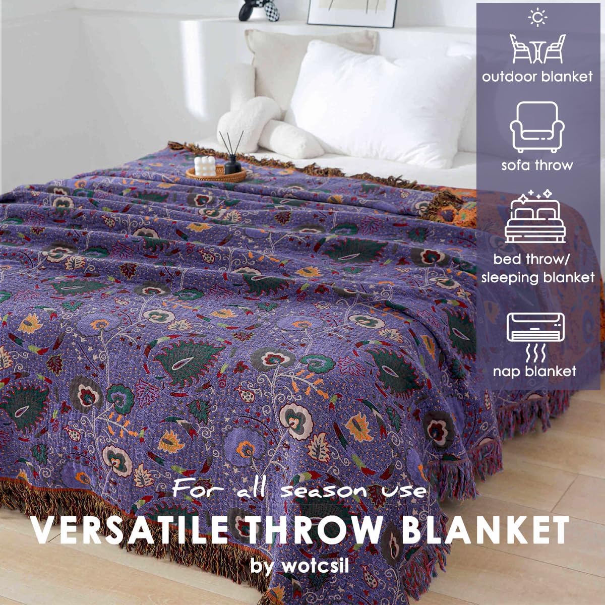 Plaid Coperta Floreale Boho in Cotone con Frange, Viola - immagine 3