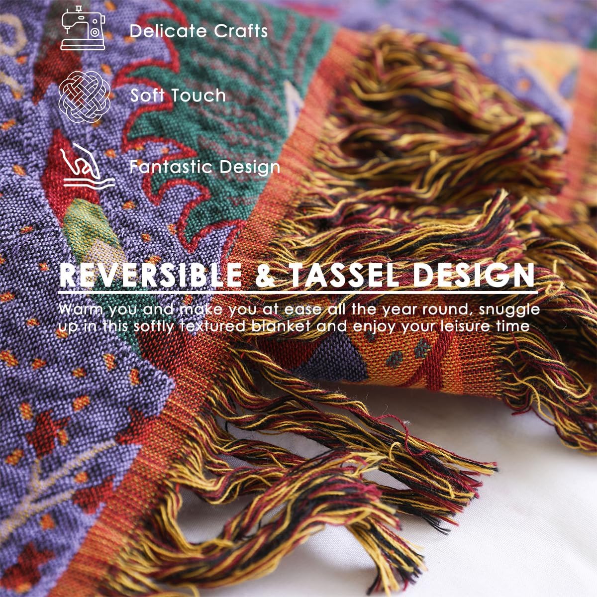 Plaid Coperta Floreale Boho in Cotone con Frange, Viola - immagine 5