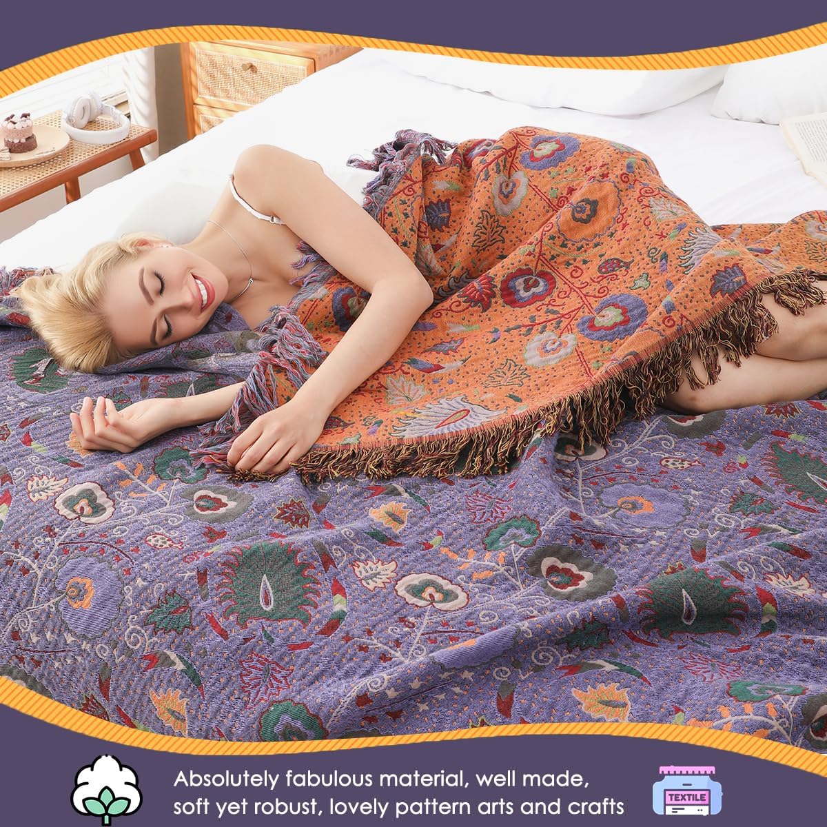 Plaid Coperta Floreale Boho in Cotone con Frange, Viola - immagine 6