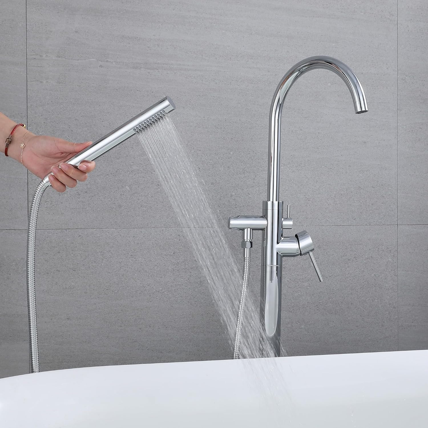 Rubinetto Vasca Freestanding con Doccetta, Cromo-A - immagine 3