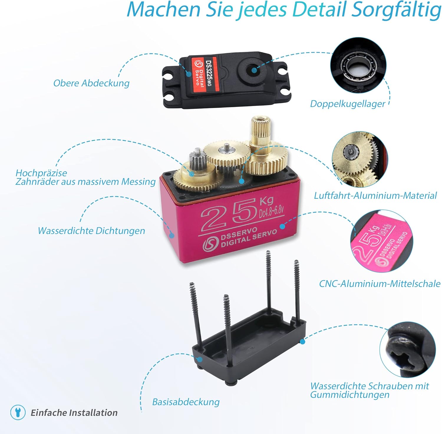 KUBOWAI Servo Digitale 25kg Full Metal Gear (2 Pezzi) - immagine 2