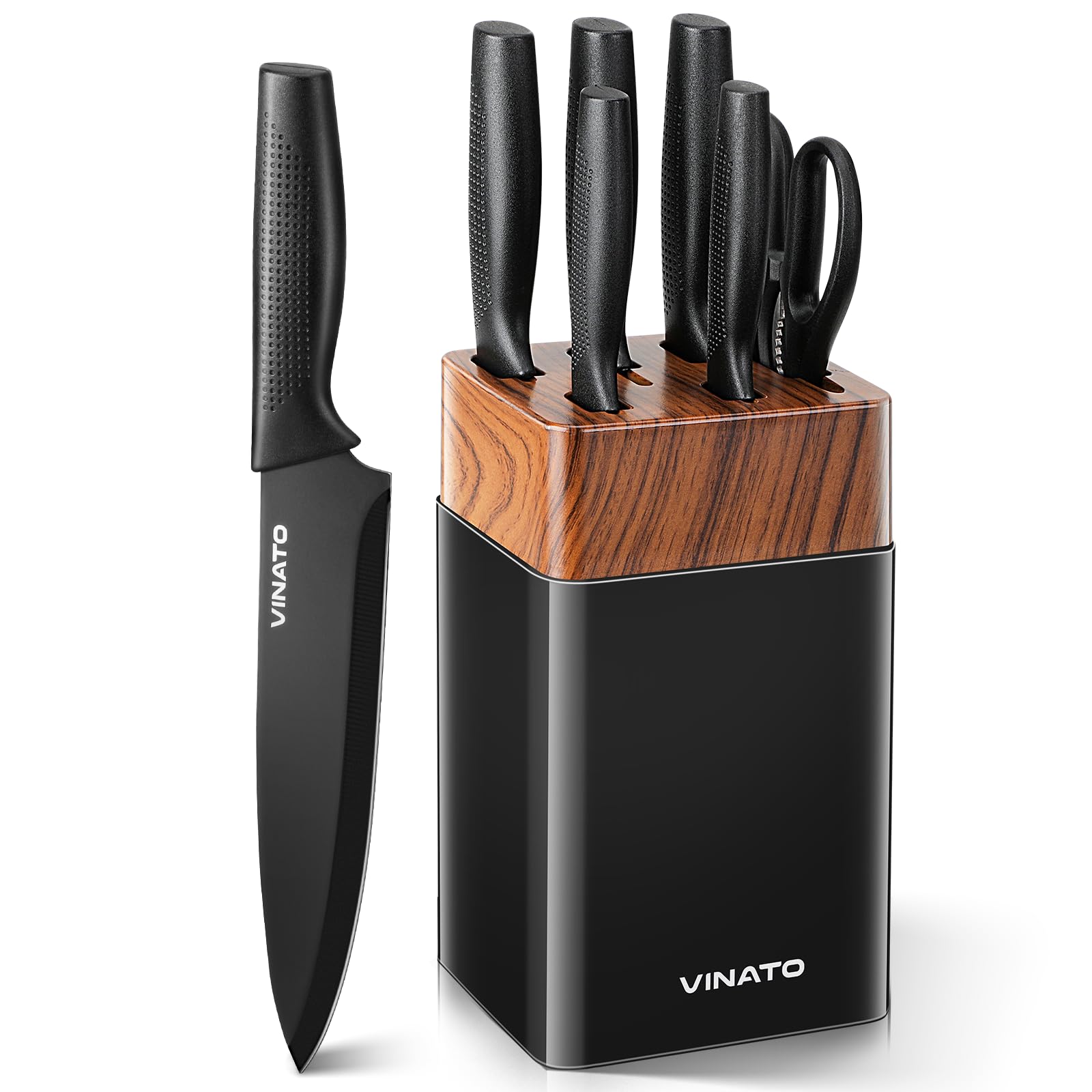 Vinato Set Coltelli da Cucina 7 Pezzi con Ceppo Integrato, Nero