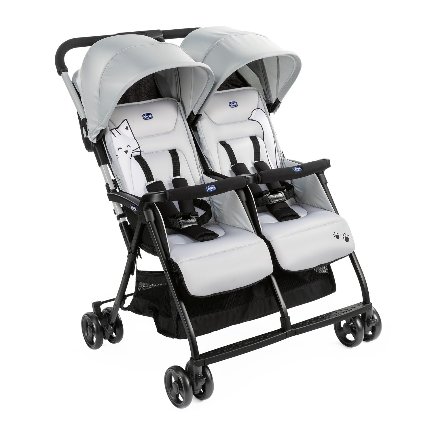 Chicco OHlalà Twin Passeggino Gemellare Doppio da 0 Mesi a 15 kg, Passeggino Leggero Reclinabile e Pieghevole, Poggiagambe Regolabili, Parapioggia e Capottina Estendibile Silver Cat, Grigio