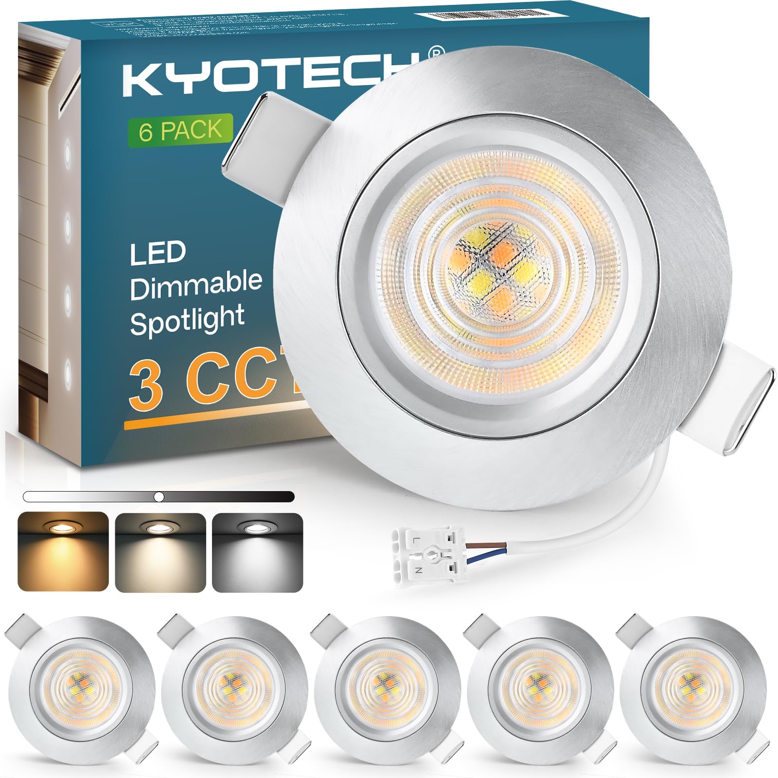 Kyotech 6x Faretti LED Incasso Dimmerabili 5W, Alluminio