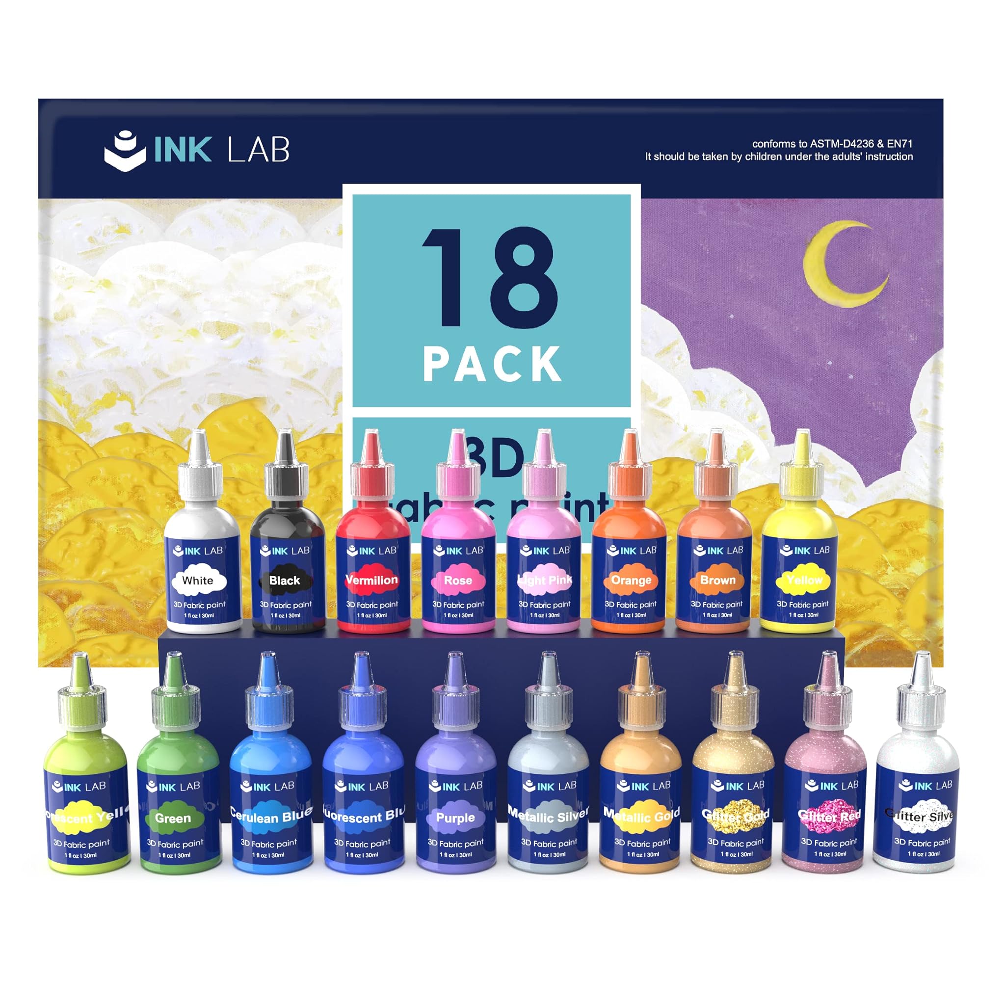 Ink Lab 3D Colori per Tessuti Permanenti 18 Colori 30ml