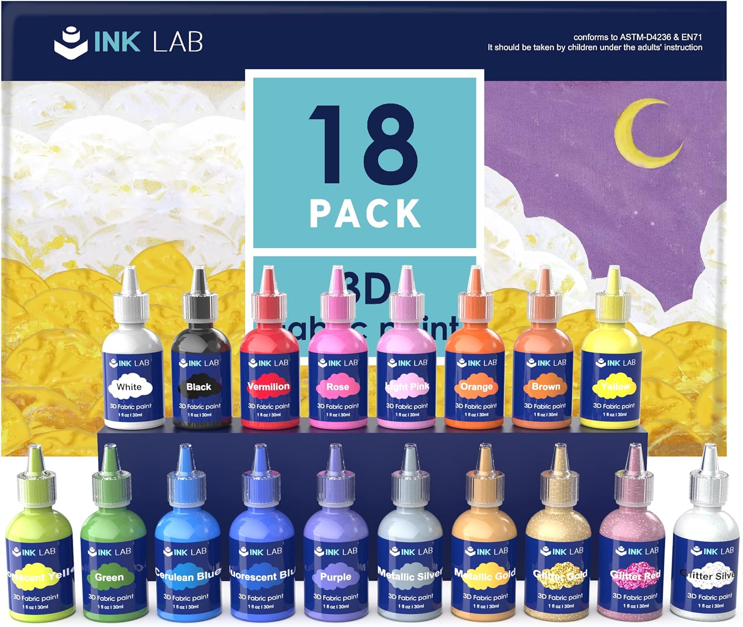 Ink Lab 3D Colori per Tessuti Permanenti 18 Colori 30ml - immagine 1