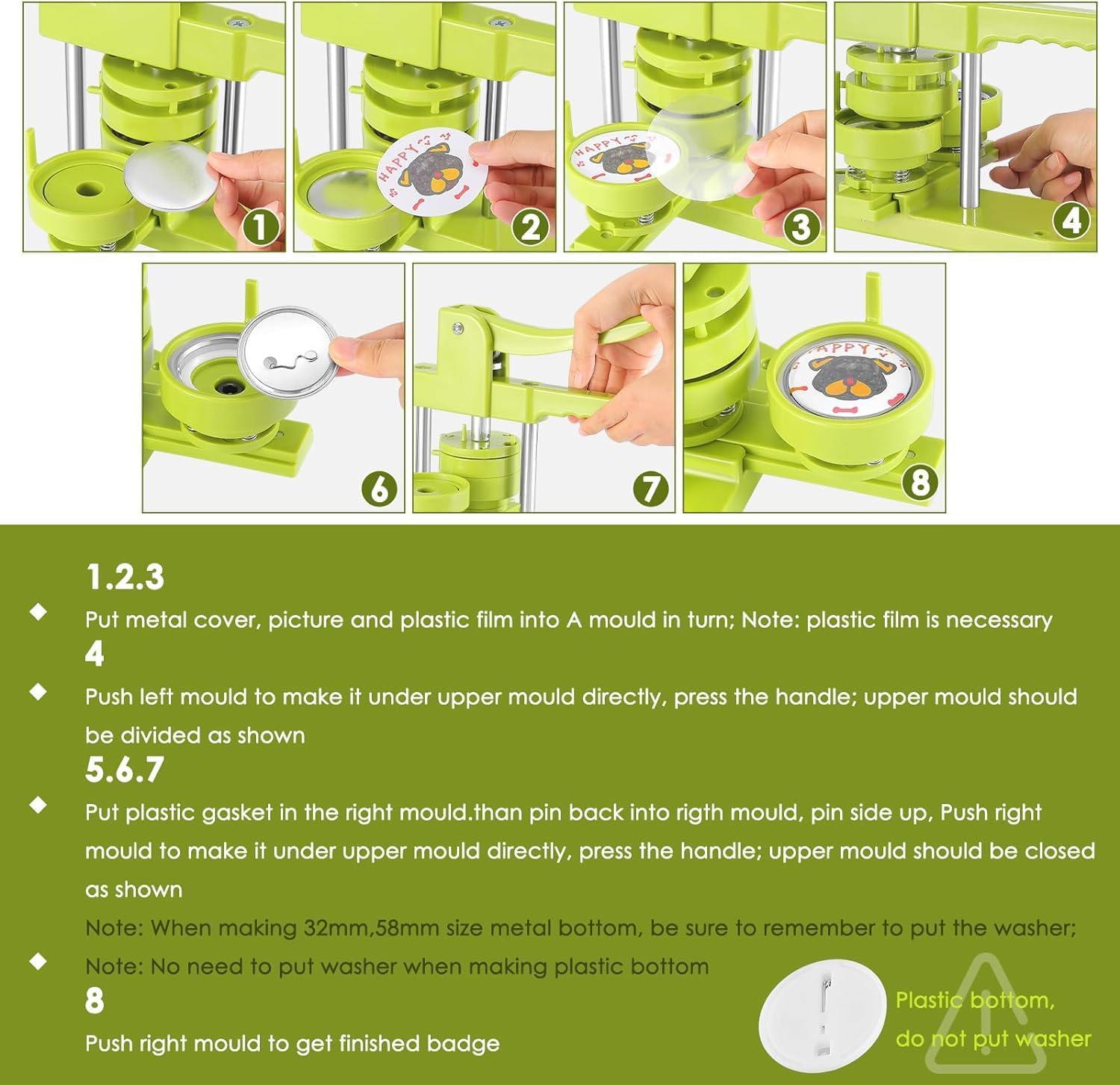Zimiking Button Maker Badge Machine 25+32+58mm, Verde - immagine 7