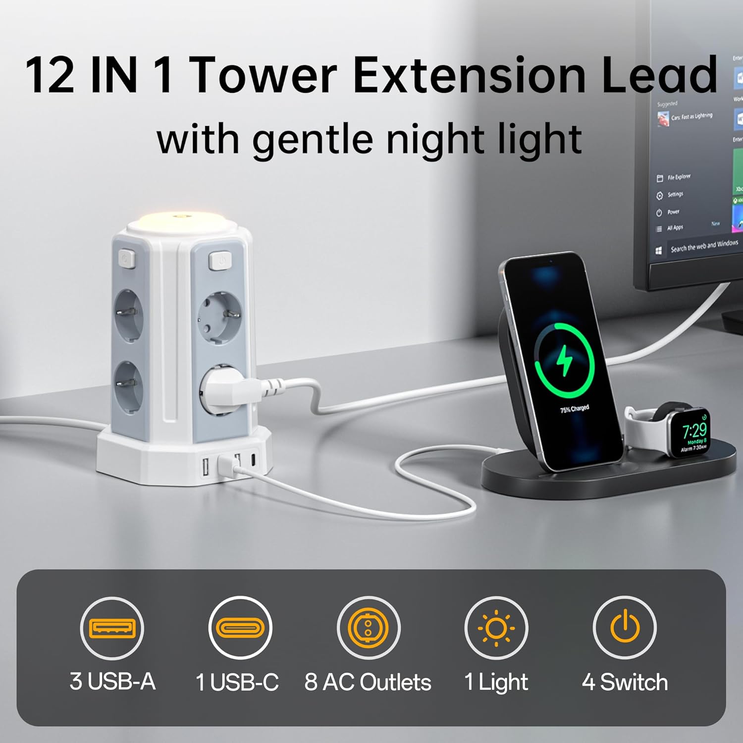 Power Strip 3600W/16A con 8 Prese e 4 Porte USB - immagine 2