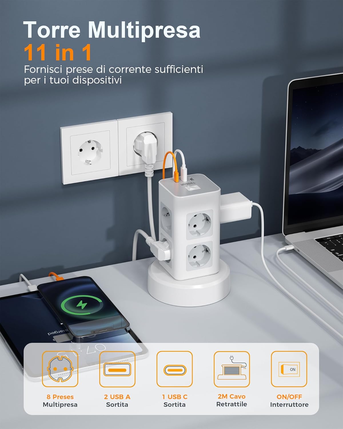 Tessan Ciabatta Multipresa Verticale con USB C - immagine 2