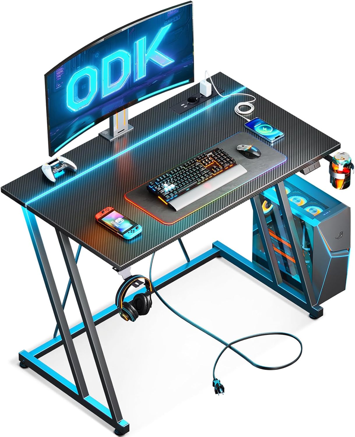 Odk Scrivania Gaming 80x50cm con LED e Presa
